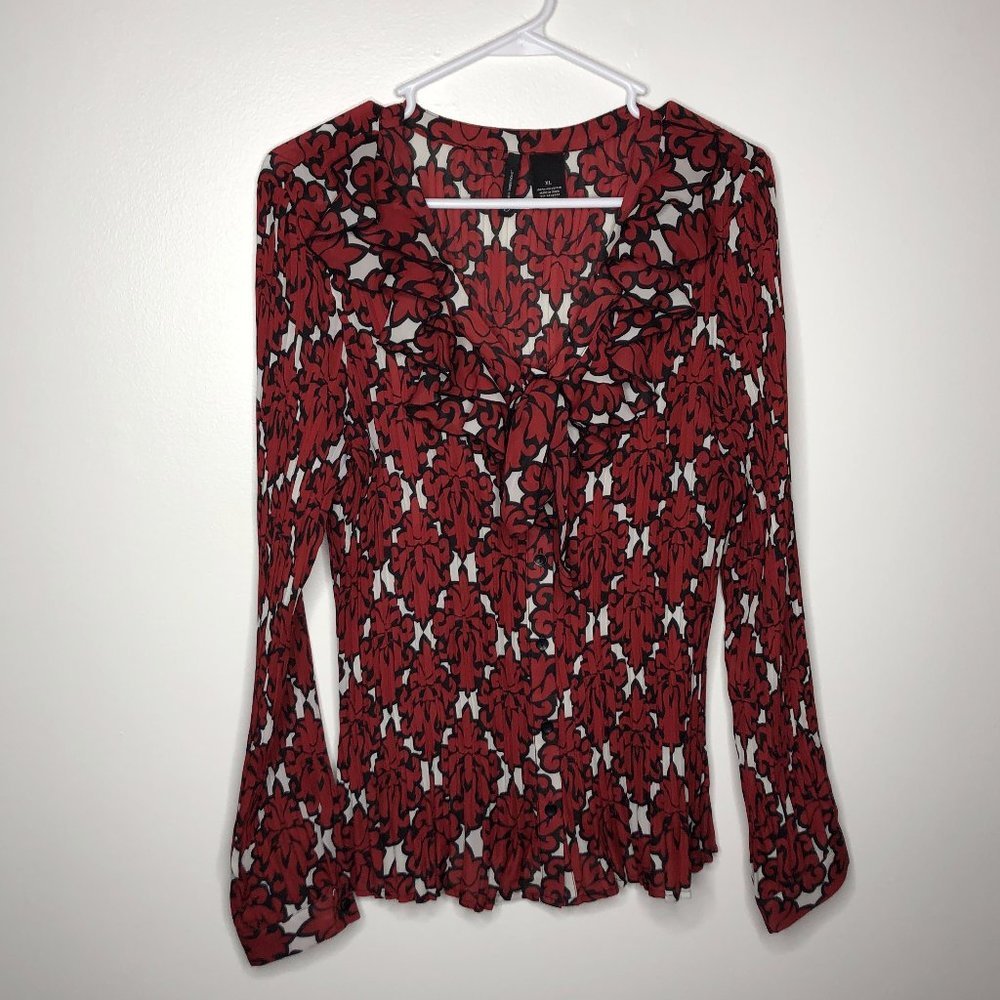 New Direction Womens Red And White Crinkle Fabric Ruffle Neck Floral Top Size XL - Picture 1 of 3